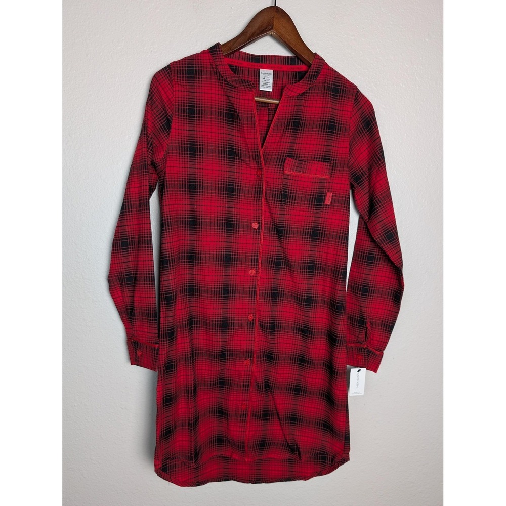Calvin Klein Sleepshirt Womens S Red Plaid Flannel Viscose Collared Button Front